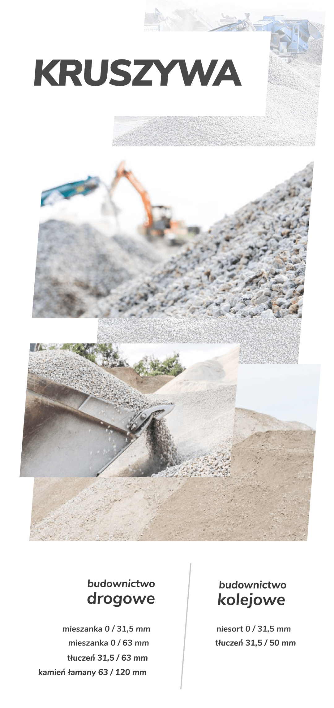 KRUSZYWA GRANITOWE Kruszywa granitowe to materiał wykorzystywany w budownictwie do produkcji betonów, nawierzchni drogowych, fundamentów, a także w pracach ziemnych. Charakteryzują się wysoką twardością, trwałością oraz odpornością na ścieranie i zmienne warunki atmosferyczne, co czyni je idealnym rozwiązaniem w projektach wymagających solidności i długowieczności. Kruszywa granitowe są dostępne w różnych frakcjach, co pozwala na ich zastosowanie w szerokim zakresie – od wypełnienia fundamentów, przez budowę dróg, aż po produkcję betonu. Dzięki swojej naturalnej wytrzymałości, kruszywa granitowe zapewniają stabilność konstrukcji i zwiększają ich trwałość, stanowiąc niezastąpiony materiał w branży budowlanej.